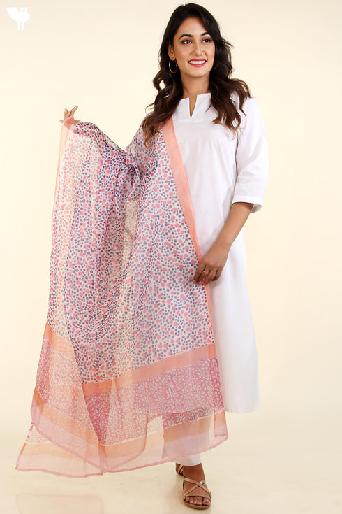 Kota Doria Dupatta in Pink and Peach Graphic Block Print